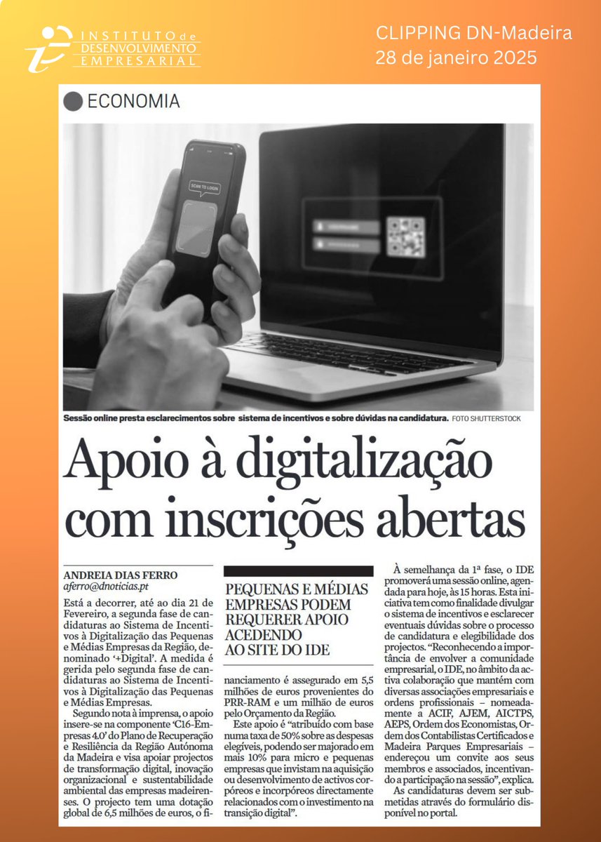 💻 Apoio à digitalização com inscrições abertas ✅

🌐 Mais info: ide.madeira.gov.pt
