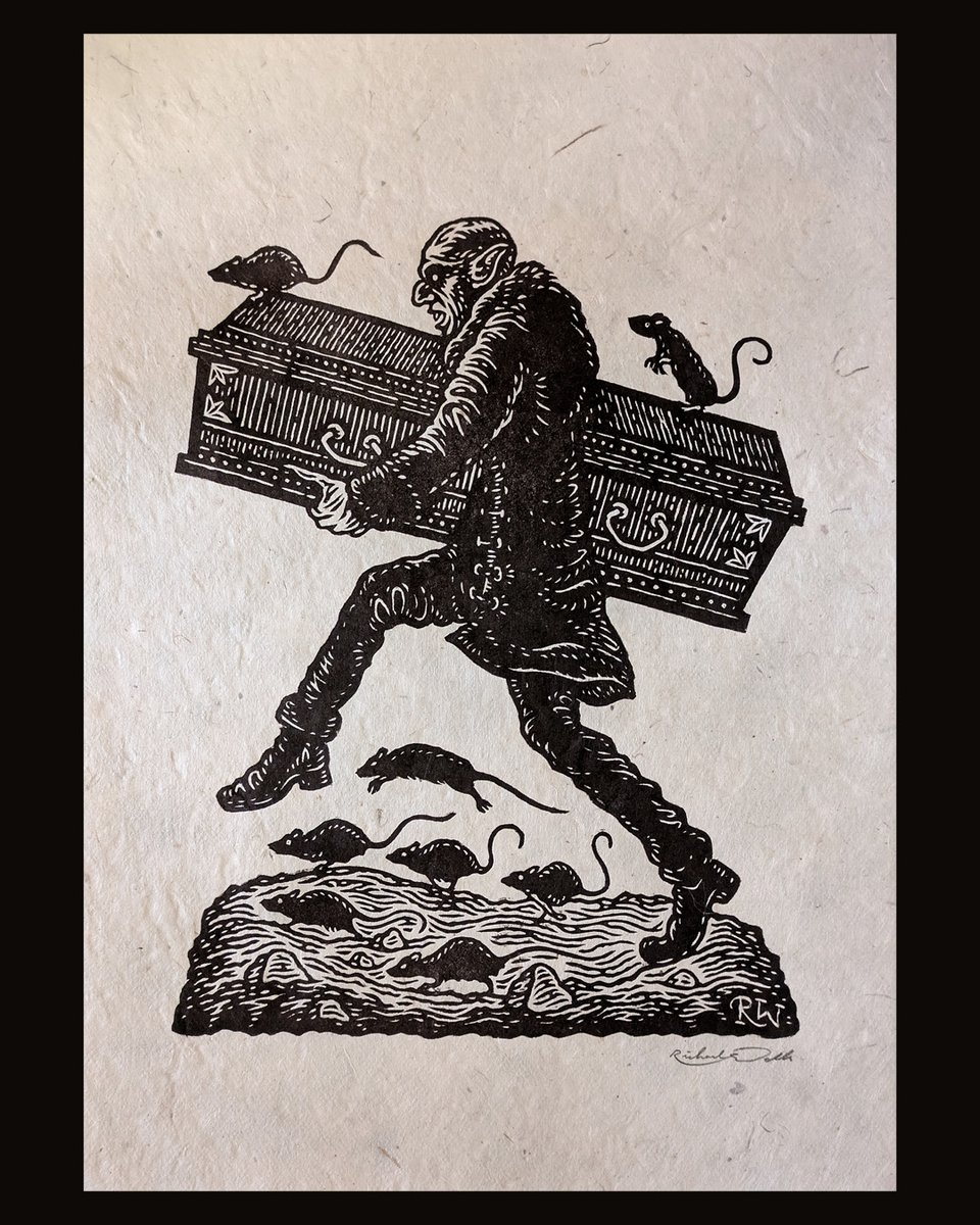 Slippery_Jack's tweet photo. One of my favourite uncanny images from Nosferatu (Murnau &amp; Herzog) is Orlok scuttling through Wisburg by night with his prized box of dirt. Decided to make that the subject of my latest lino print! 'Night Sneaker' will be available in the shop from midday on Thursday... 🐀 https://t.co/xggn0J7irD