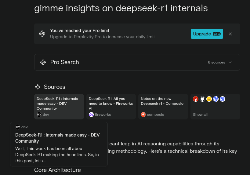 PrathameshD_8's tweet photo. crazy!  the deepseek internals blog has made it to @perplexity_ai 's recommendation XD https://t.co/tobSME6Lkh