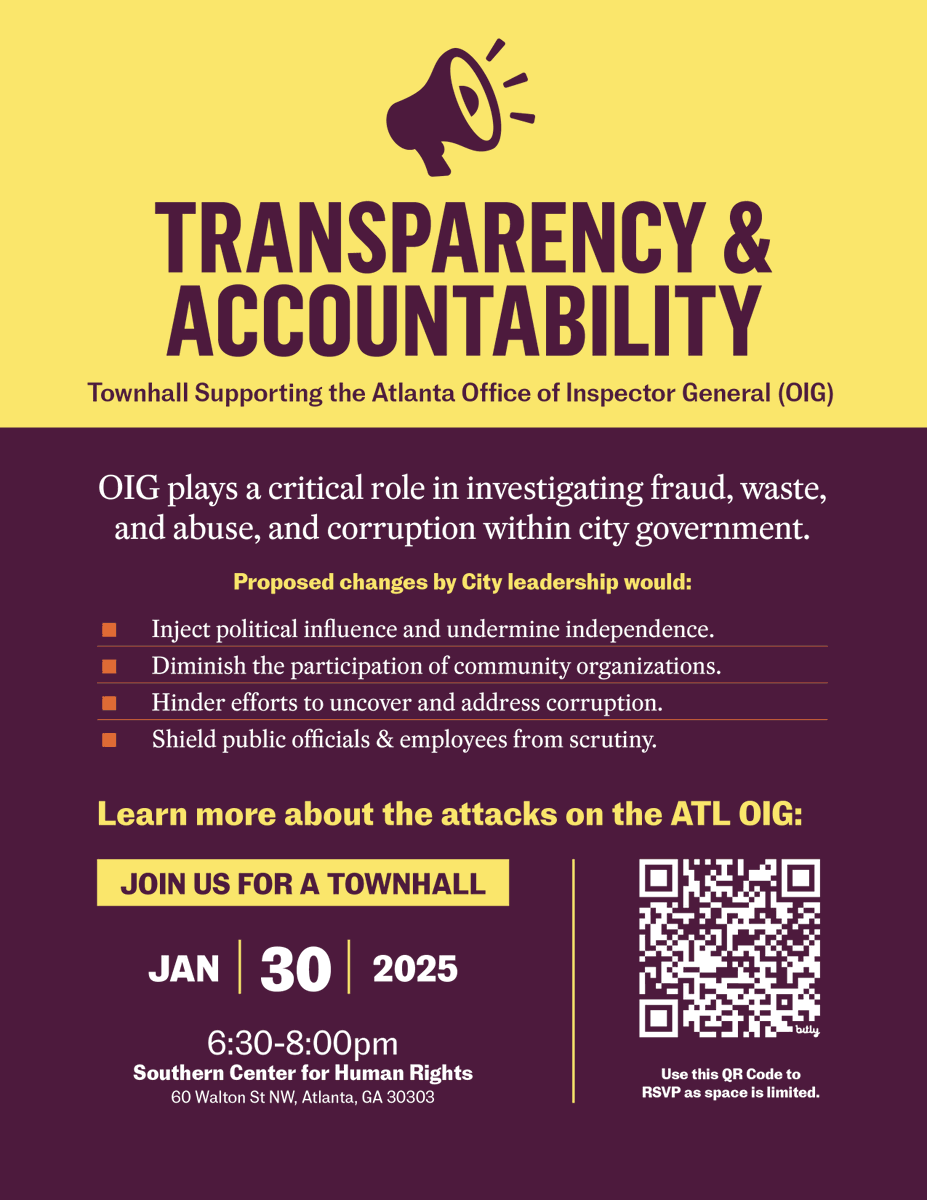 AtlantaOIG's tweet photo. Are you concerned about the City's plan to eviscerate the Atlanta Office of the Inspector General (OIG)?
Join us for a townhall this Thursday, 1/30, to learn more about how you can support the OIG. Space is limited, so please RSVP via the QR Code. https://t.co/E6jKJOiuwu