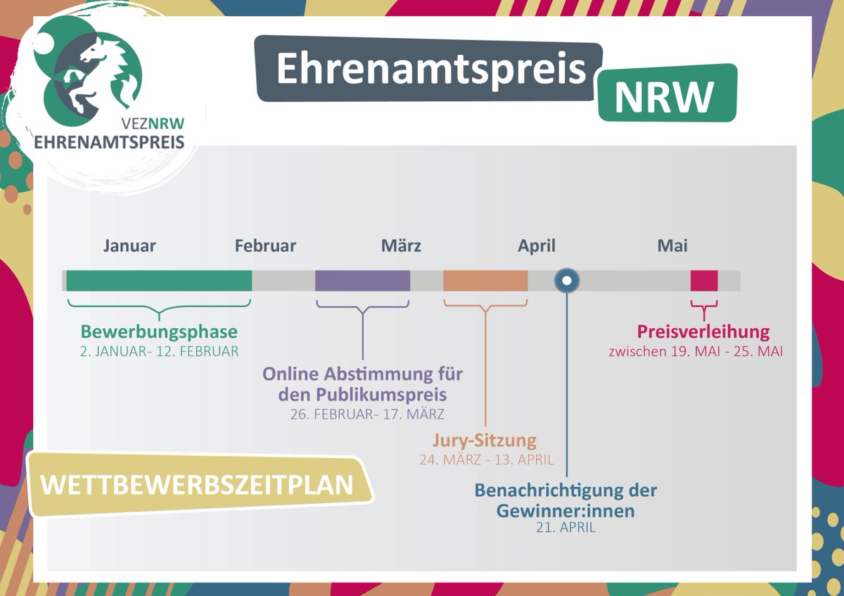 Bewerbungsphase für den #EhrenamtspreisNRW 2025 ist offen! 
🗓️ 
01.01.-12.02.2025: Bewerbung, 
26.02.-17.03.: Publikumsabstimmung, 24.03.-13.04.: Jurysitzung. 
🏆 Siegerbekanntgabe am 21.04., 
Gala in Düsseldorf 19.-25.05. unter Schirmherrschaft von OB Dr. Stephan Keller.
