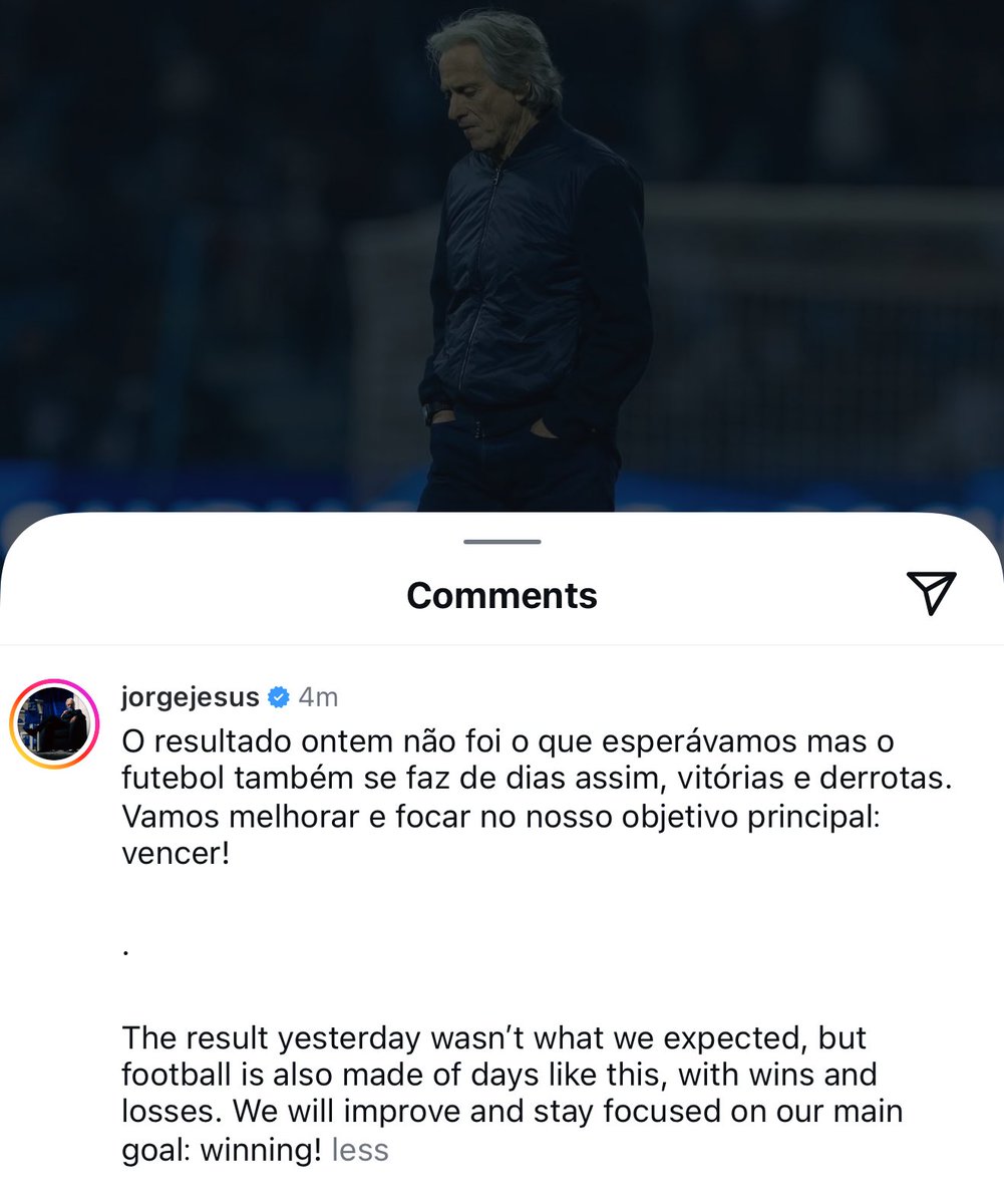 مدرب #الهلال جيسوس عبر انستقرام :

"النتيجة بالأمس لم تكن كما توقعنا، ولكن كرة القدم كذلك تُبنى على أيام كهذه، بين الانتصارات والهزائم. سنعمل على تحسين مستوانا وسنحافظ على تركيزنا لتحقيق هدفنا الرئيسي: الفوز!"