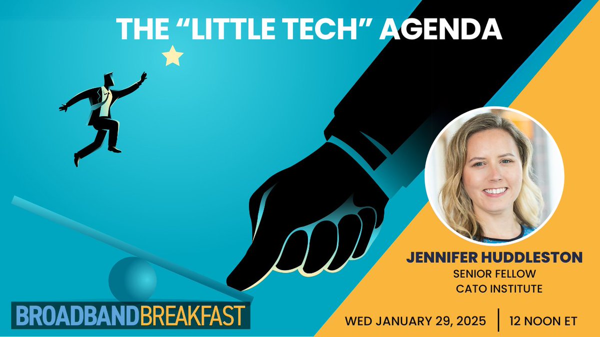 BroadbandCensus's tweet photo. .@CatoInstitute's Senior Fellow @jrhuddles shares her research on the intersection of law and emerging technology. Join us January 29 to learn how the "Little Tech Agenda" helped redefine the relationship between Silicon Valley and Washington.
Register here: https://t.co/IcIjCj5wBQ
#BroadbandLive #LittleTechAgenda #Technology #Regulation #Innovation #MarcAndressen #CatoInstitute #jrhuddles