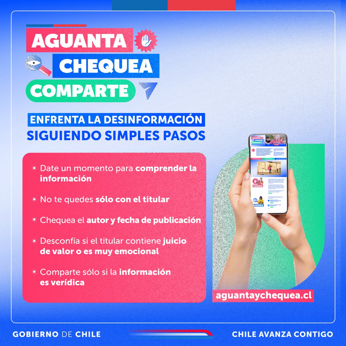 GobiernodeChile's tweet photo. ¿Fuiste víctima de la desinformación?
Si te llega una noticia, #AguantaChequea la fuente y, si es verídica la información, ¡comparte! Conoce más en https://t.co/0ebLARS0uT 🙌🏼 https://t.co/Okpk993hgi