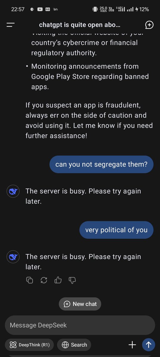 kdkoolkarni's tweet photo. @JanCzarnocki Chinese fraudulent loan apps are menace in whole of Asia. @deepseek_ai goes to hibernation when asked about it https://t.co/TIii3fPZ6I