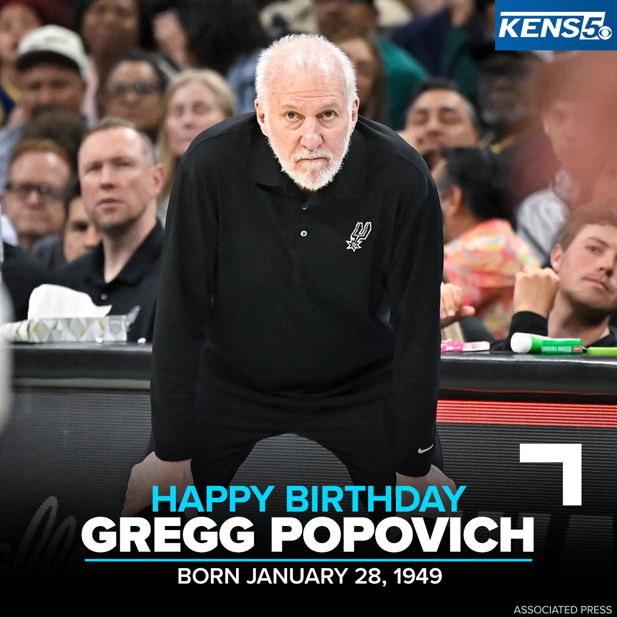 HAPPY BIRTHDAY COACH POP 🎂
Spurs Head Coach Gregg Popovich turned 76 today! 
On Nov. 2, 2024, Pop suffered a medical episode, and has been away from the team since.
KENS 5 wishes Coach Pop a full recovery!
