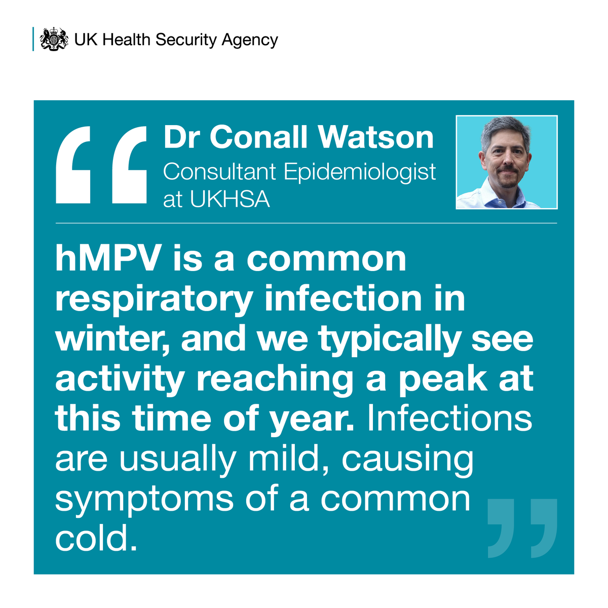 UKHSA's tweet photo. hMPV isn't a “mystery illness” to us. Our regular monitoring systems show that the virus is following its usual seasonal pattern in the UK. 🔍
hMPV infections are usually mild, with symptoms similar to a common cold. Read more in our blog post. 👀
https://t.co/1pkqizoMAe https://t.co/WNMyRJKwWn