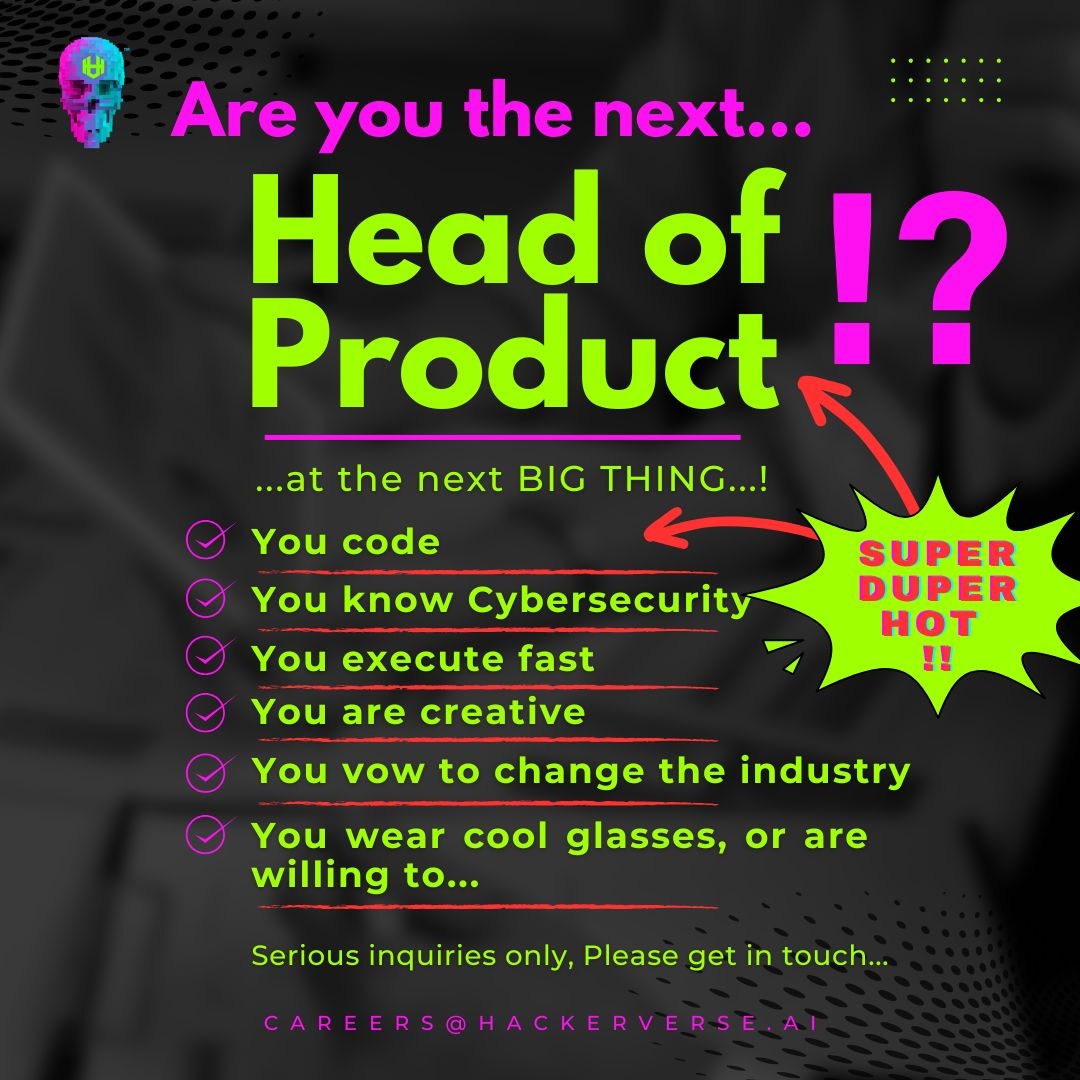 _HACKERverse_'s tweet image. The HACKERverse® is looking for a Head of Product!
Please read the entire thing!
bit.ly/3OQAqwb 
#HACKERverse®
#WORLDhackergames™
#HEADofproduct
#Hiring
#PRODUCTmanager
#PRODUCTmanagement
