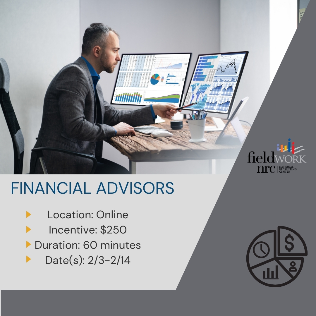 FieldworkNRC's tweet image. We&apos;re looking for financial advisors age 20-60 to participate in a 1-hour, online market discussion regarding #FinancialAdvisors

🔗: participate.fieldwork.com/Account/Redire…

Reference #: 6337NRC25
Location: Online
Incentive: $250
Duration: 1-hour
Date(s): 2/3-2/14
Time(s): Various