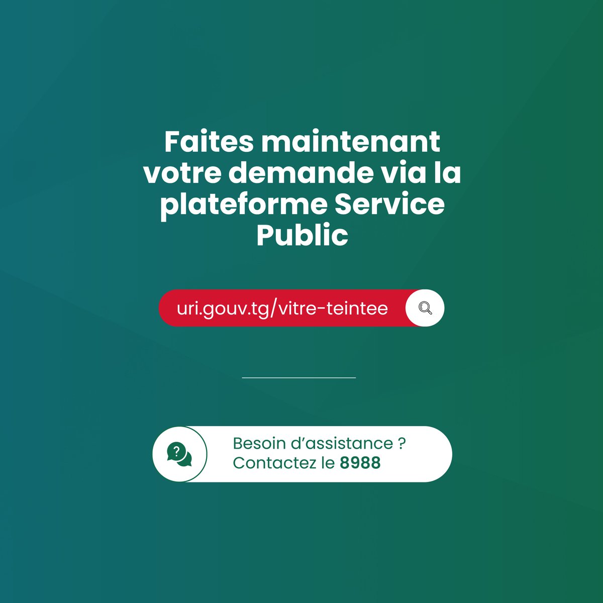 Vous êtes résident permanent ou en transit au Togo et souhaitez faire teinter les vitres de votre véhicule ? 🚘🕶 Il vous faut une autorisation du Ministère de la Sécurité et de la Protection Civile. 

Cliquez ici pour tout savoir et commencer : uri.gouv.tg/vitre-teintee