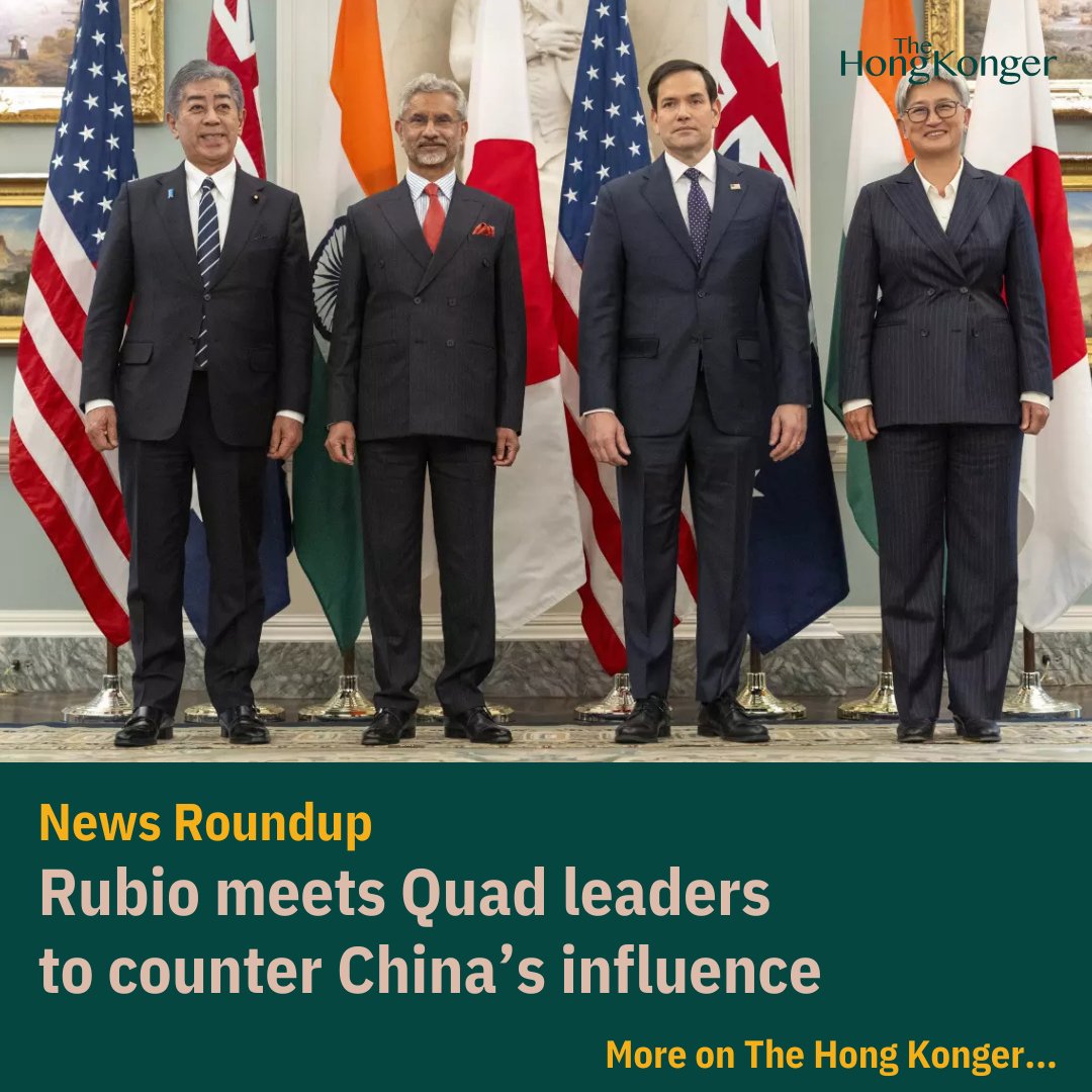 HongKongerWorld's tweet photo. News Roundup | Marco Rubio meets with Quad leaders to strengthen maritime security and counter China’s influence in the Indo-Pacific, reports Los Angeles Times.
📖 Read more: https://t.co/29zcWIJdTP
#QuadLeaders #IndoPacific #ChinaInfluence #MaritimeSecurity #FreeIndoPacific https://t.co/isOUEBSfoW