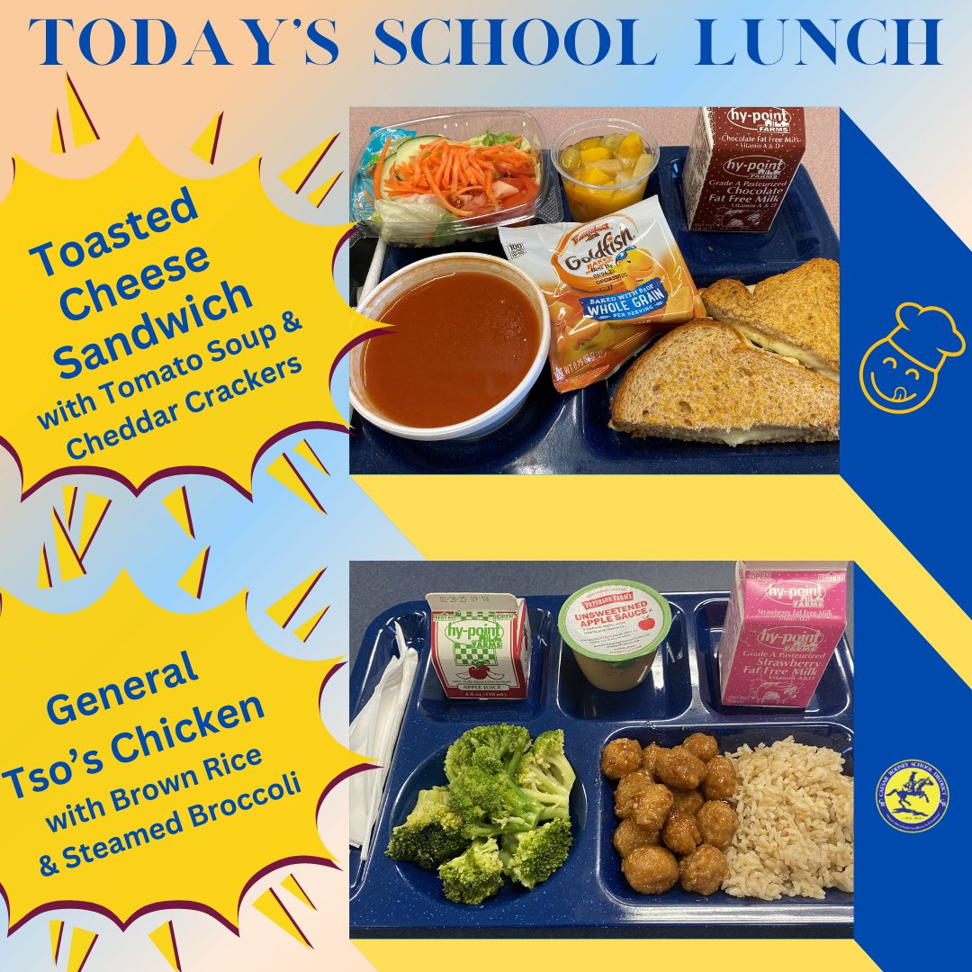 CRFood4U's tweet photo. Today's school lunch at Caesar Rodney Elementary and Middle Schools is General Tso's Chicken with steamed brown rice or Toasted Cheese on whole grain bread with PF Cheddar Goldfish crackers. Vegetable choices are Campbell's tomato soup, steamed broccoli, or a fresh side salad. https://t.co/6XdDMa6tys