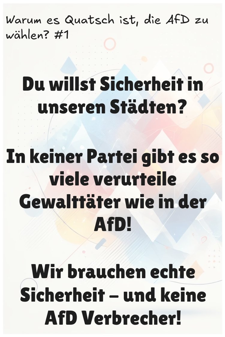 Wenn Leute Sicherheit mit der AfD verbinden - erinnert sie daran, dass in der AfD gewattätige Verbrecher sitzen! Es geht nicht "nur" um politische Straftaten, sondern z.B. um Körperverletzung, bei der auch Kinder involviert waren.
#afd #noafd