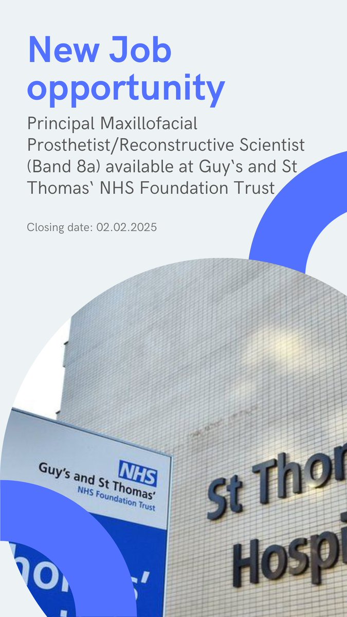 IMPT_news's tweet photo. Job Vacancy - Principal Maxillofacial Prosthetist/Reconstructive Scientist (Band 8a) now available at Guys and St Thomas’ NHS Foundation Trust. For more information please follow the link - https://t.co/i4ymsYEnnM https://t.co/ug5WDUO1mJ