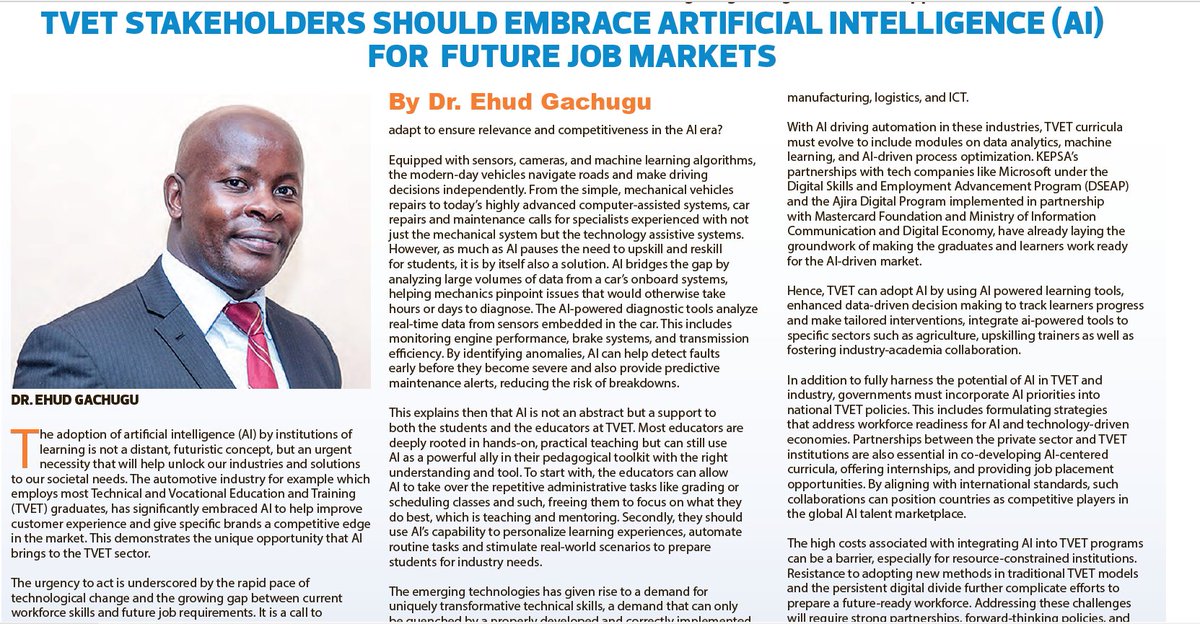 AI is a present-day necessity that will revolutionize #industries &amp; #education. In my latest article, I explore how AI can unlock the potential of Kenya’s TVET sector, empowering youth with the skills they need for the jobs of tomorrow.

Read more here:bit.ly/3EhiI3a