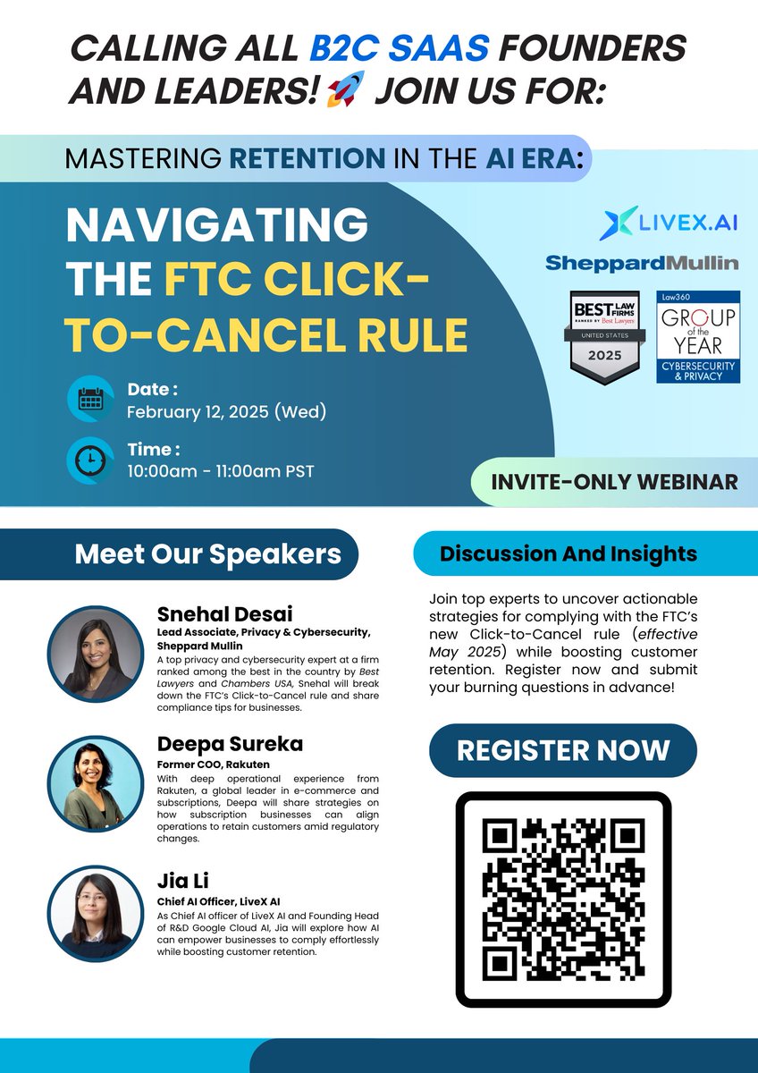 🗓️ B2C SaaS Founders &amp; Leaders: Get ready for a must-attend webinar on the FTC Click-to-Cancel rule! Learn from top legal, business, and AI experts on balancing compliance &amp; retention. 

🚀 Register now! lu.ma/v2qho8sx 

#B2CSaaS #AIInnovation #CustomerRetention