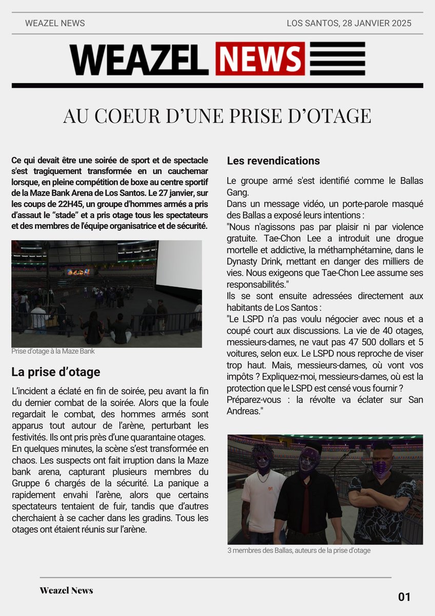 grandlinefa's tweet photo. WEAZEL NEWS 
Article - Au cœur d'une prise d'otage  
#GrandlineFA #Grandline https://t.co/5lUfj2a5ka