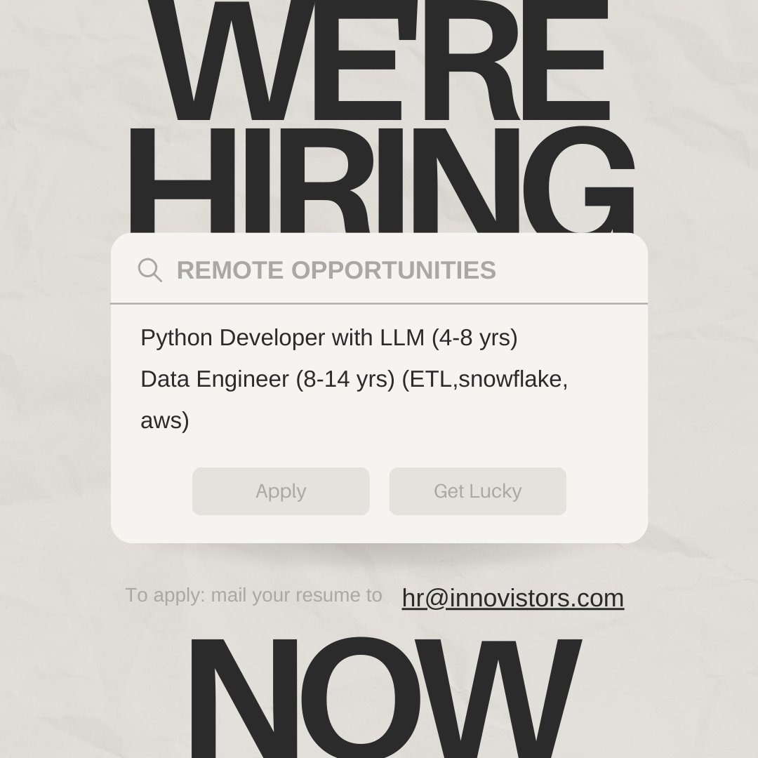TSRaoHR's tweet photo. #ImmediateJoiners only 

#HiringAlert #HiringNow

1. #Python Developer with #LLM

Exp: 4-8 yrs

Loc: #Remote

2. #Data_Engineer

Exp: 8-14 yrs

Loc: #Remote

Skills: ETL, dbt, snowflake, SQL, aws/gcp

Interested can DM / share resume on hr@innovistors.com https://t.co/J79pRtN9js