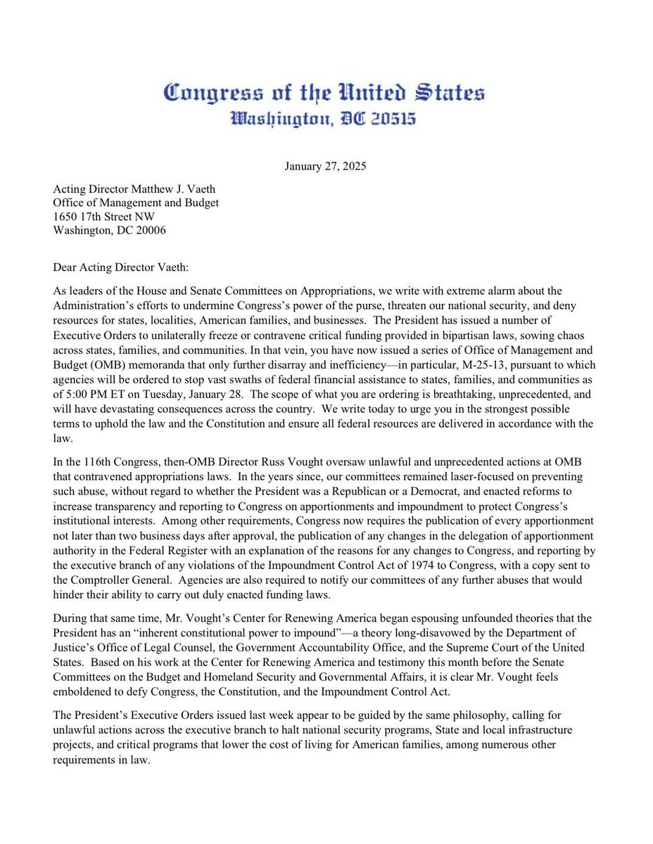 MuellerSheWrote's tweet photo. NEW: Appropriations democrats sound the alarm bells on the impoundment crisis trump created when he blocked congressionally appropriated money. https://t.co/eSug2gRaqY