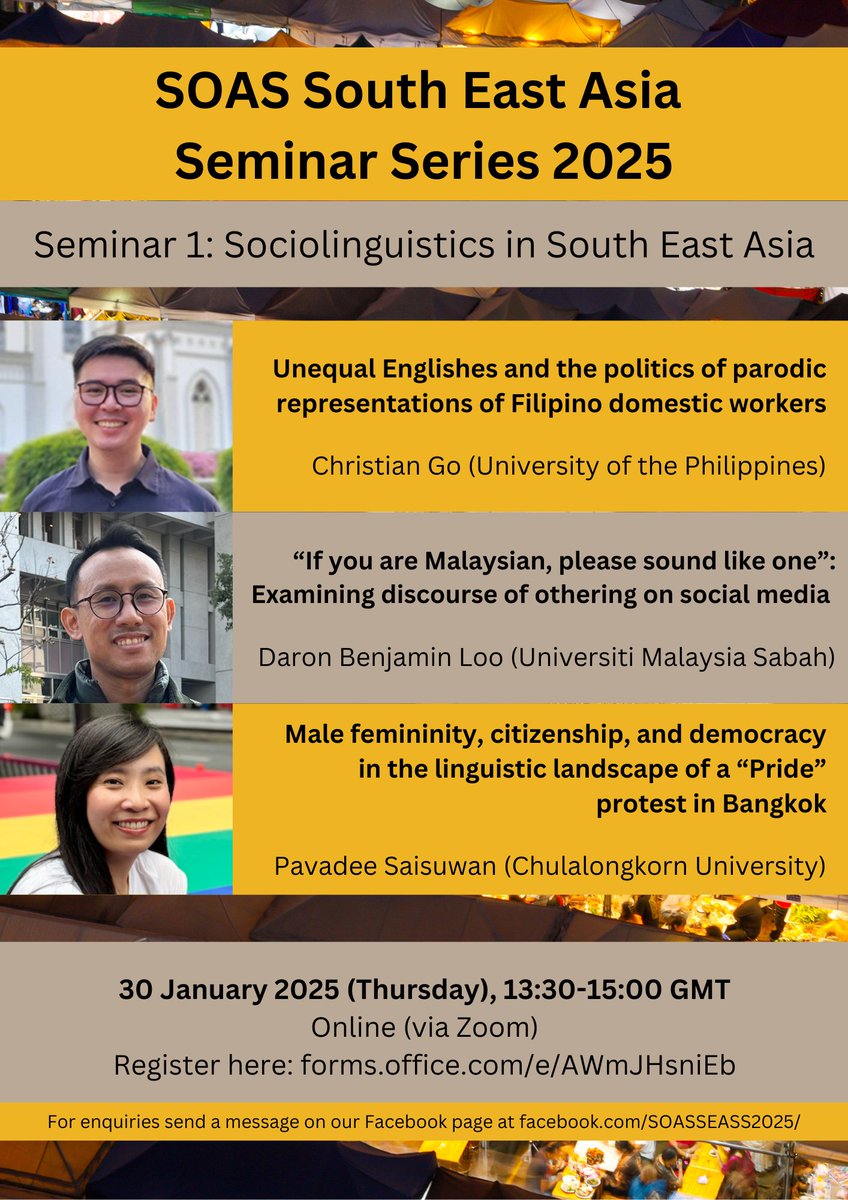 GETSEA (@getsea_) on Twitter photo Christian Go, Daron Benjamin Loo & Pavadee Saisuwan (<a href="/peevadam/">Pavadee Saisuwan</a>) join <a href="/SOAS/">SOAS University of London</a> this week for a webinar on "Sociolinguistics in South East Asia" - open to the public! 
Jan 30 @ 1:30p (London)
tinyurl.com/43e5jnpd Christian Go, Daron Benjamin Loo & Pavadee Saisuwan (<a href="/peevadam/">Pavadee Saisuwan</a>) join <a href="/SOAS/">SOAS University of London</a> this week for a webinar on "Sociolinguistics in South East Asia" - open to the public! 
Jan 30 @ 1:30p (London)
tinyurl.com/43e5jnpd