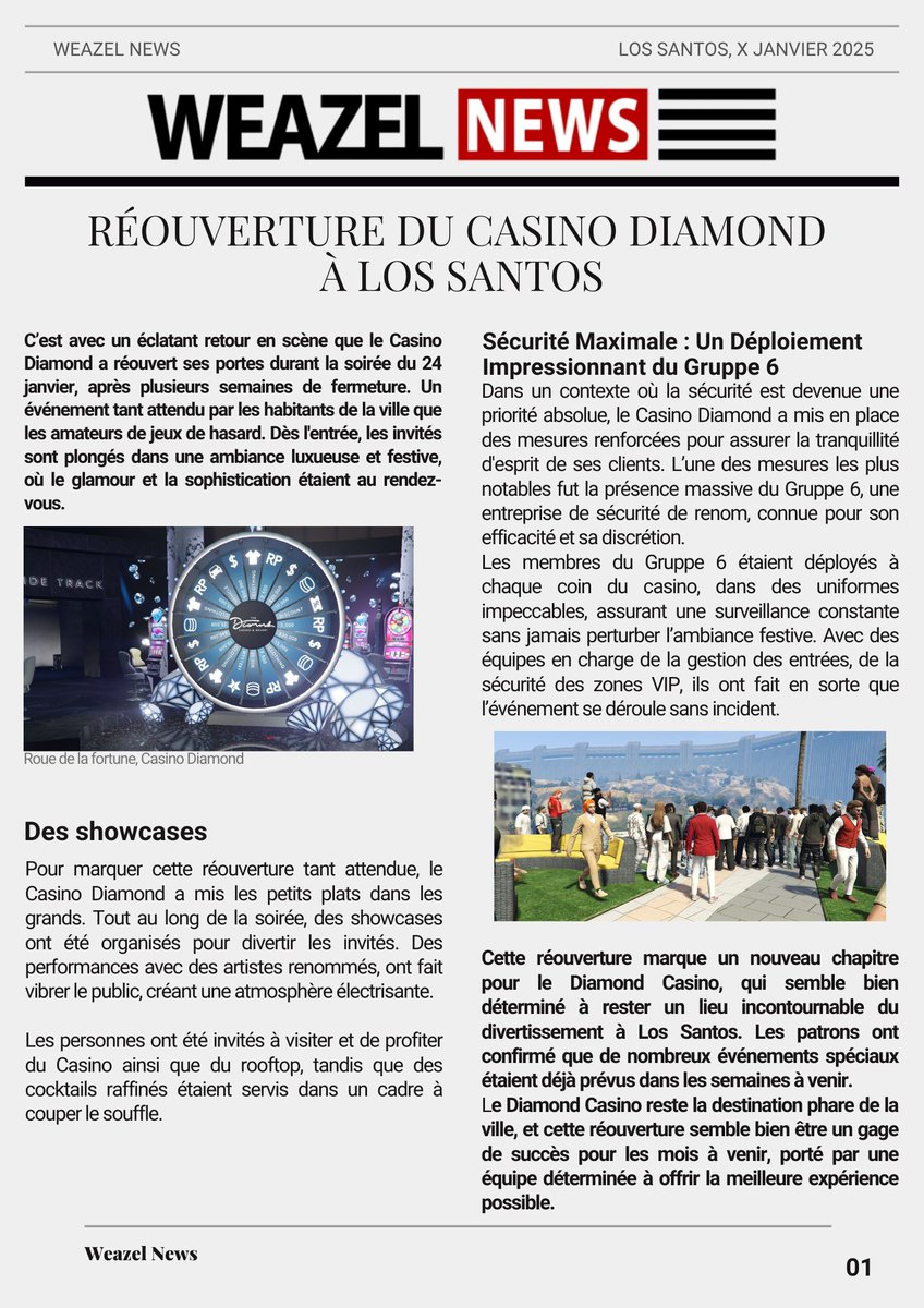 grandlinefa's tweet photo. WEAZEL NEWS 
Article - Réouverture du casino à Los Santos
#GrandlineFA #Grandline https://t.co/r2yyCwdxE3