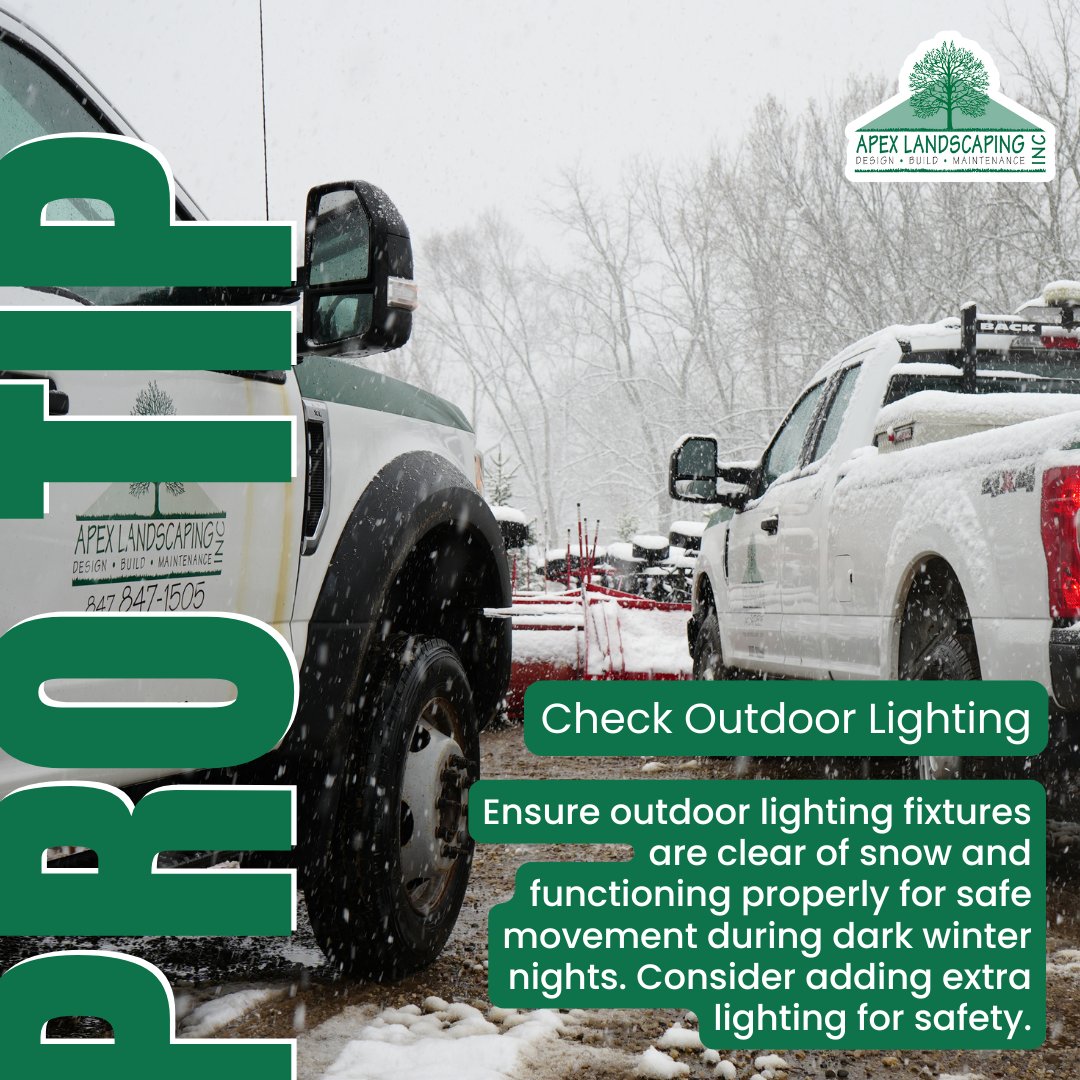 ApexLandscaping's tweet photo. Keep outdoor lights clear of snow and ensure they’re working properly for safe winter navigation. #WinterSafety #OutdoorLighting #ApexLandscaping https://t.co/sw4P517GkL