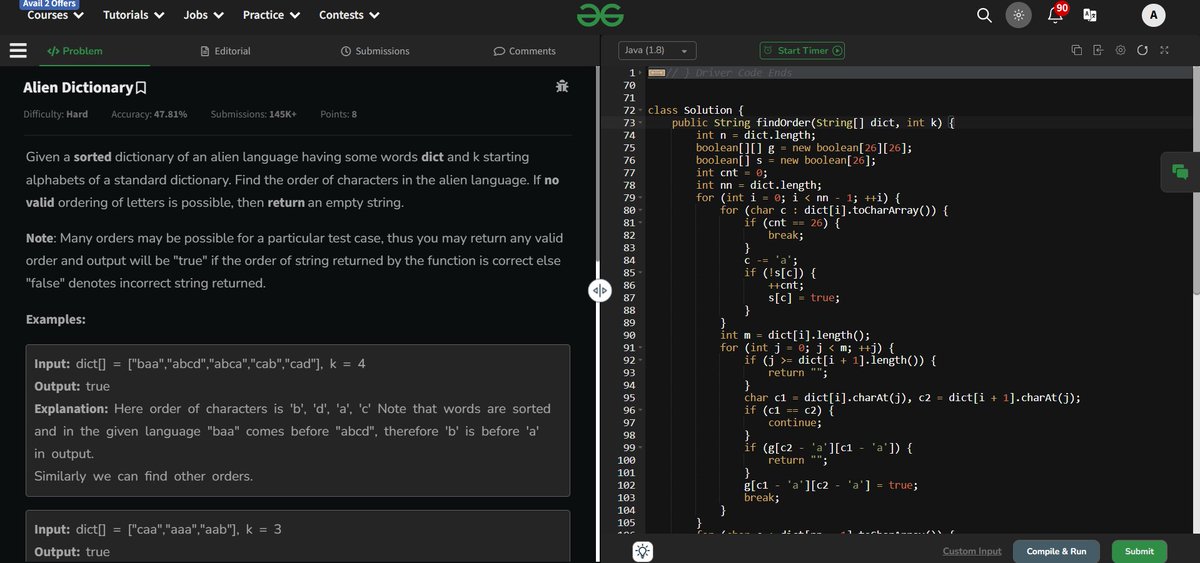 unDiterred's tweet photo. Day-28 of #TUFPlusDailyChallenge 💪                
Solved the problem 'Alien Dictionary' today on #GeeksforGeeks https://t.co/7PLGXEMwL1
