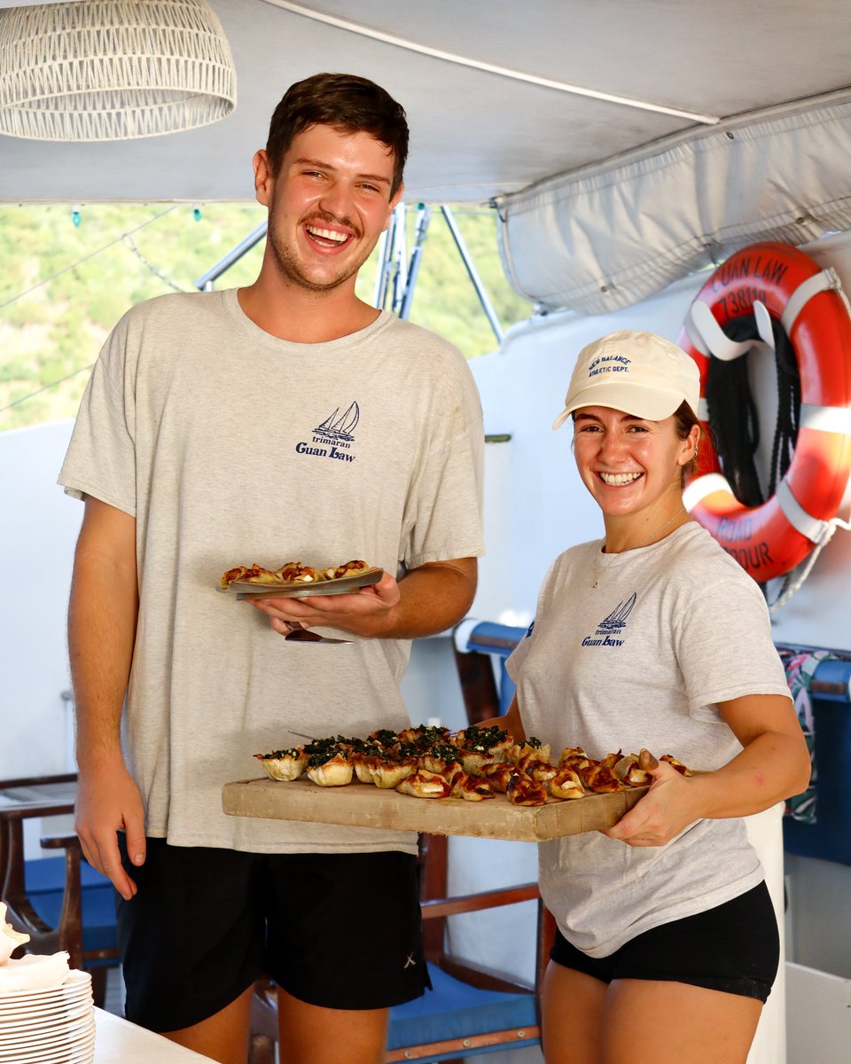 Set sail with Cuan Law, where our crew is here to serve you with delicious meals, tasty snacks, and everything you need for an unforgettable adventure. And we always do it with a smile! 😊🌊 
Learn more at bvisailing.com
.
#cuanlaw #steward #stewardess #crew #crewaboard
