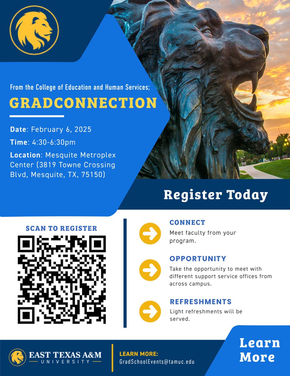 Join us on Thursday, Feb 6 from 4:30pm-6:30pm for a meet and greet with faculty from our College of Education and Human Services and Graduate School staff.  We will have information on graduate programs, student services, and more!  Scan the QR code below to register.
