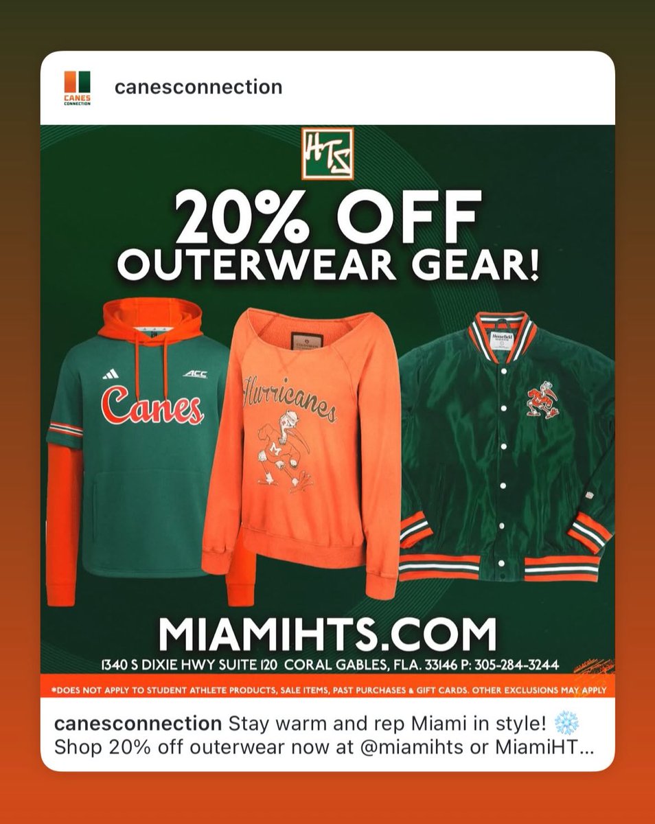 Stay warm and rep miami in style! ❄️ Shop 20% of outwear now <a href="/miamihts/">Miami Team Store</a> or Miamihts.com