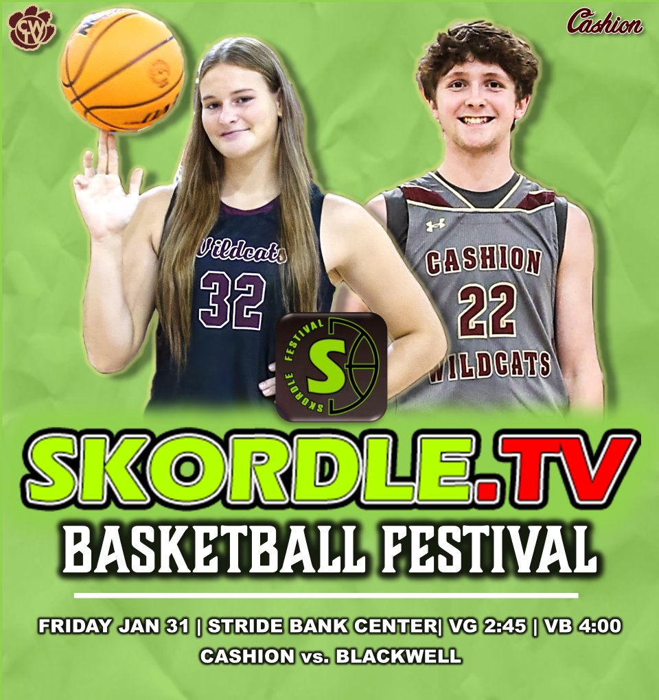 SKORDLE BASKETBALL FESTIVAL!
Wildcats heading back to Enid for the state's largest basketball festival.  Boys  &amp; Girls face off against Blackwell this afternoon!
CWTV | cashionwildcats.tv