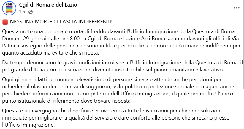 Lasciarli annegare non basta più.
Adesso i #migranti li lasciamo anche morire di freddo mentre cercano di ottenere un documento a cui hanno diritto.