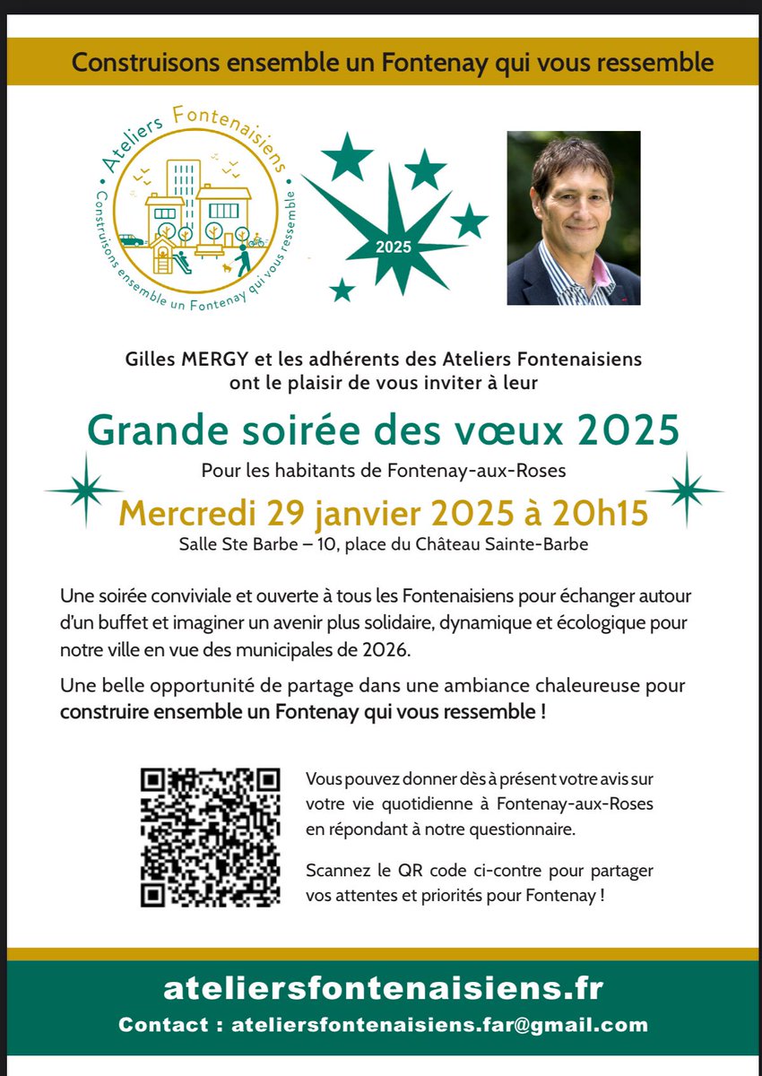 🚨🚨 Événement à <a href="/fontenay92/">Fontenay-aux-Roses</a> 🚨🚨
Grande soirée des vœux 2025 des <a href="/AFontenaisiens/">Ateliers fontenaisiens</a> demain à partir de 20h15 ! Venez nombreux pour profiter d'un moment convivial autour duquel vous pourrez échanger, entre autres, sur les sujets fontenaisiens passés, présents et futurs.