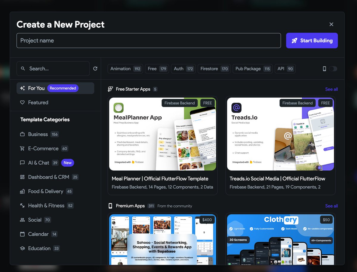 design_nocodeio's tweet image. Killer work by the @flutterflow team, this new create project experience is so smooth, polished and a breath of fresh air (and I designed the old one haha).
Great work @WillHobick, @codywilliamio & @LeighaJarett