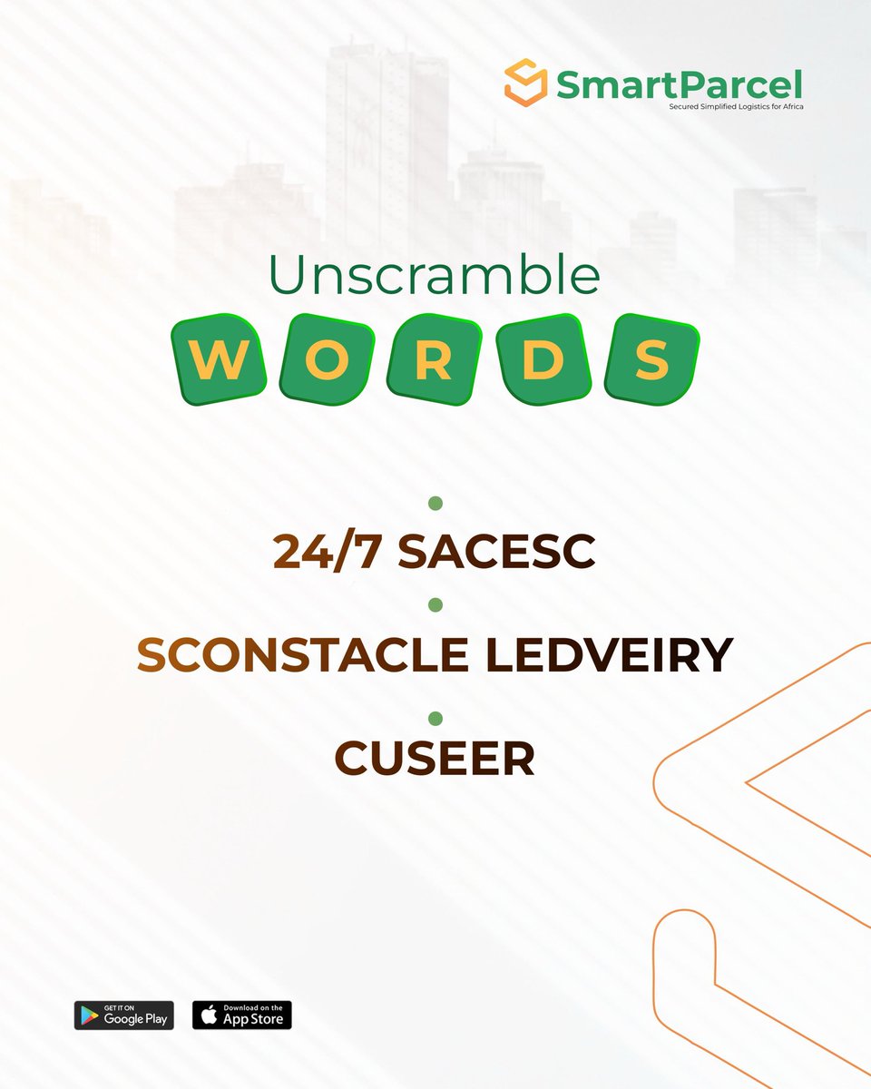 smartparcelng's tweet photo. Can you unscramble these words? 🧩
Hint: It’s what we’re all about!
Drop your answers in the comments below!
#tech #SmartParcel #SmartLocker #chatbot #innovation #econmerce #logistics #socialcommerce #deliveries #shipping #explore #smartparcelng #businessowner #enterpreneur https://t.co/j44kOPWy3J