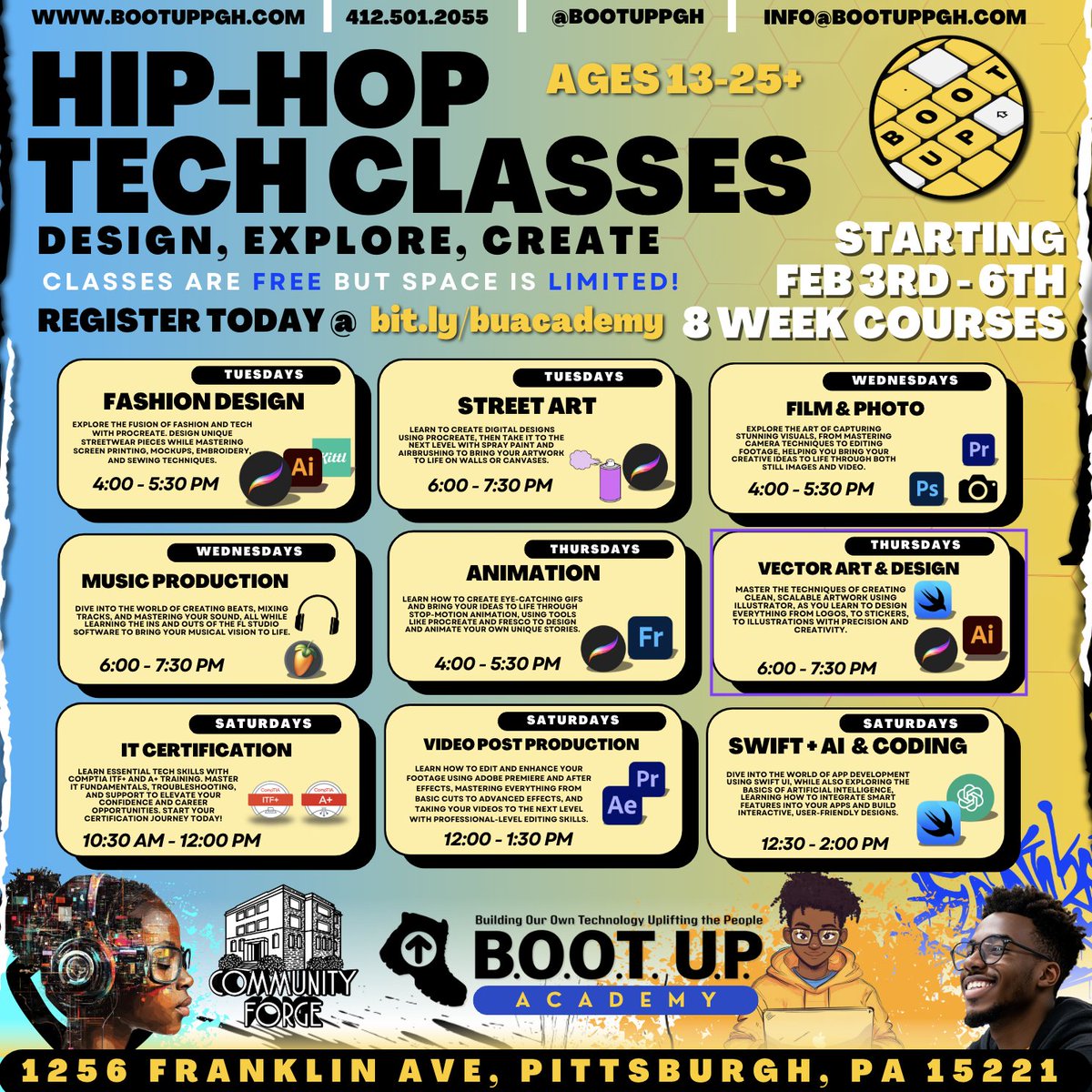 Yo Pittsburgh .......BootUp Academy is BACK!! 

✅Choose from 9 Dope Classes on Tech Topics &amp; Skills 
✅Serving Teens &amp; Adults - 100% Tuition Free
✅ BIPOC #HipHopEd(ucators) 
✅Register Today -&gt; bit.ly/buacademy

 Building Our Own Tech Uplifting THE PEOPLE! 

DM:  ?s