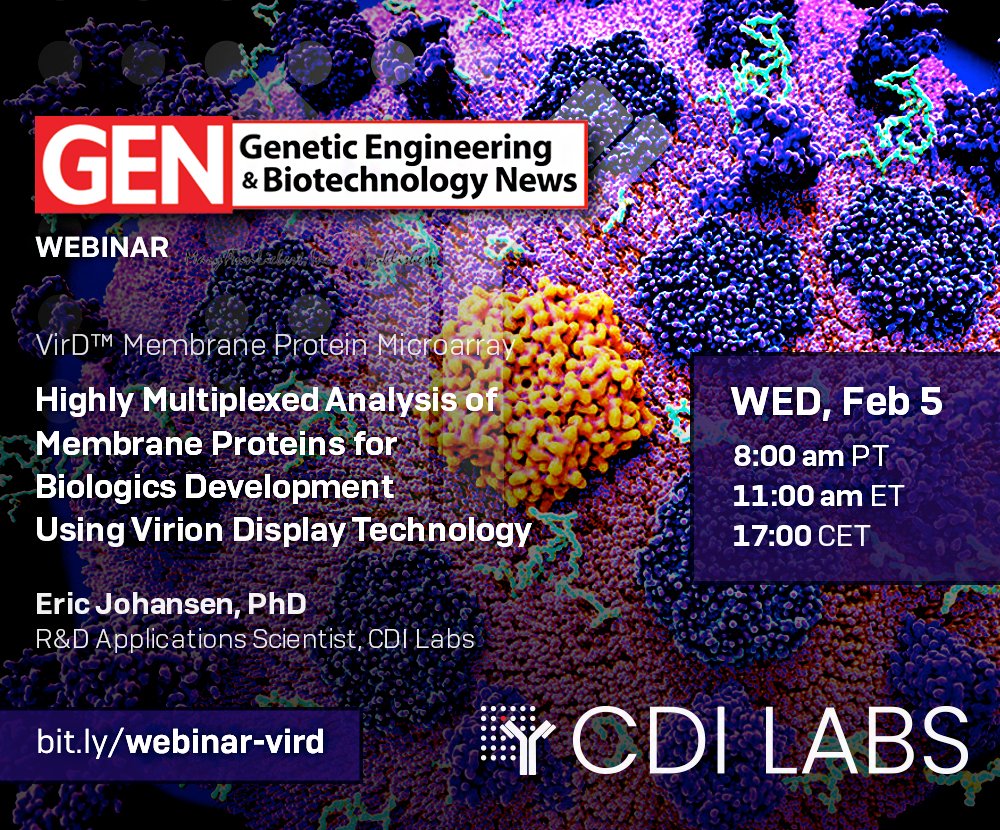 cdi_labs's tweet photo. WEBINAR: In this GEN webinar, Eric Johansen, PhD, will demonstrate the utility of virion-displayed membrane proteins for screening antibody biologics. He will present the #VirD™ membrane protein array technology, which displays membrane proteins in the membrane envelope of herpes simplex virus-1 (HSV-1) virions.
The VirD technology is designed for high-throughput biochemical analysis of membrane proteins. Membrane protein expression occurs during virus replication, ensuring that the integrated proteins undergo endogenous folding and post-translational modifications in their native and active conformations. He will also share the results of testing various commercial and clinical antibodies.
REGISTER TODAY at
https://t.co/BlfZeskVl6
#proteomics #antibodies #autoantibodies #biologics #virus #drugdevelopment
