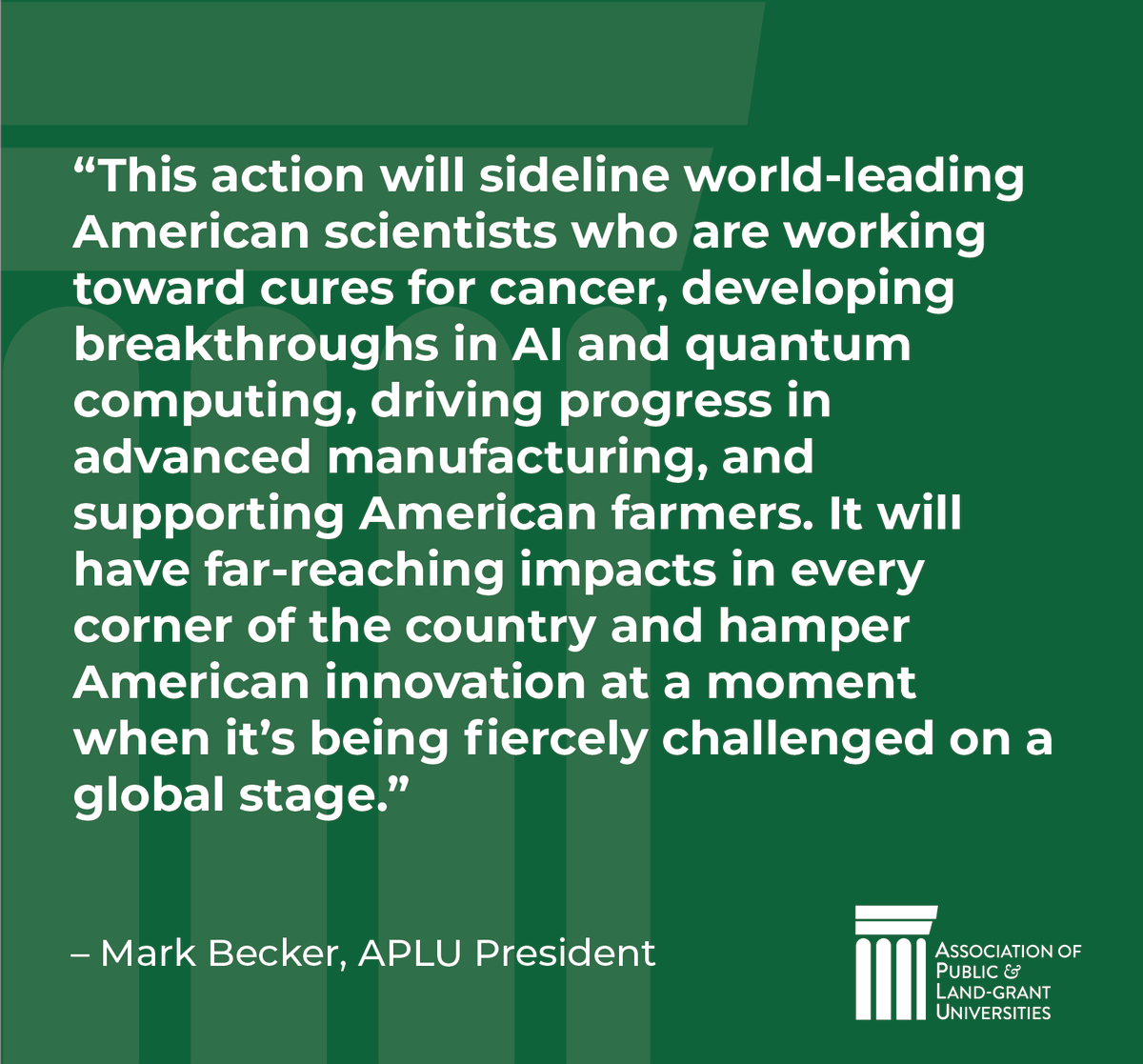 APLU (@aplu_news) on Twitter photo APLU President Mark Becker urged the White House Office of Management and Budget to reverse its pause on federal grants and ensure grant reviews don’t interfere with American innovation and competitiveness.
Read the full statement: aplu.org/news-and-media… APLU President Mark Becker urged the White House Office of Management and Budget to reverse its pause on federal grants and ensure grant reviews don’t interfere with American innovation and competitiveness.
Read the full statement: aplu.org/news-and-media…