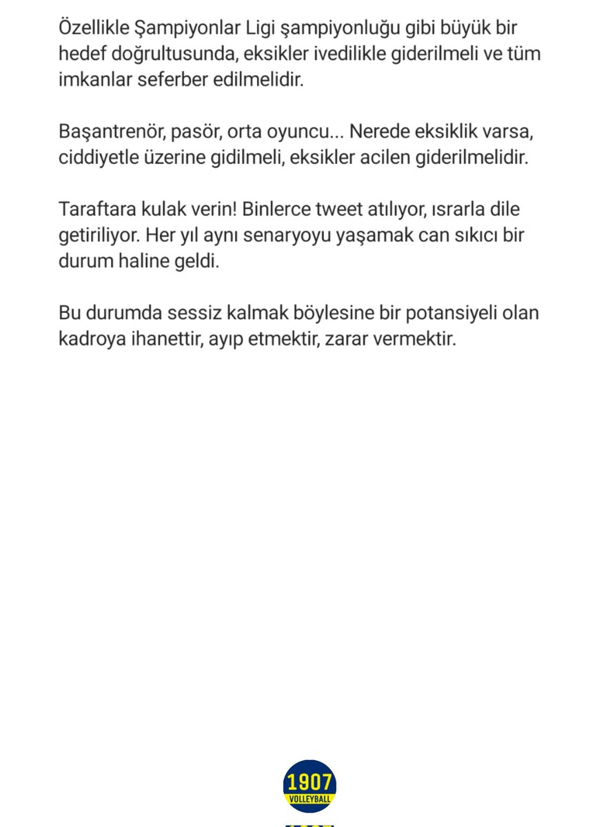 Fenerbahçe Voleybol Şubesi Yönetim Kuruluna sesleniyoruz;