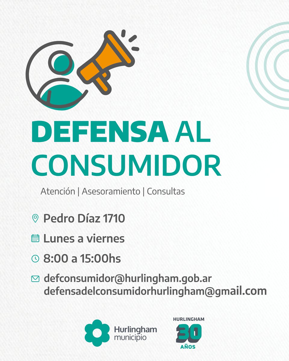 MuniHurlingham's tweet photo. 📋✅ DEFENSA AL CONSUMIDOR: HACÉ TU RECLAMO FÁCIL Y RÁPIDO ✅📋

📍 Acercate a las oficinas en Pedro Díaz 1710.
🕗 de lunes a viernes, de 8 a 15 hs https://t.co/p5TZmPp06C