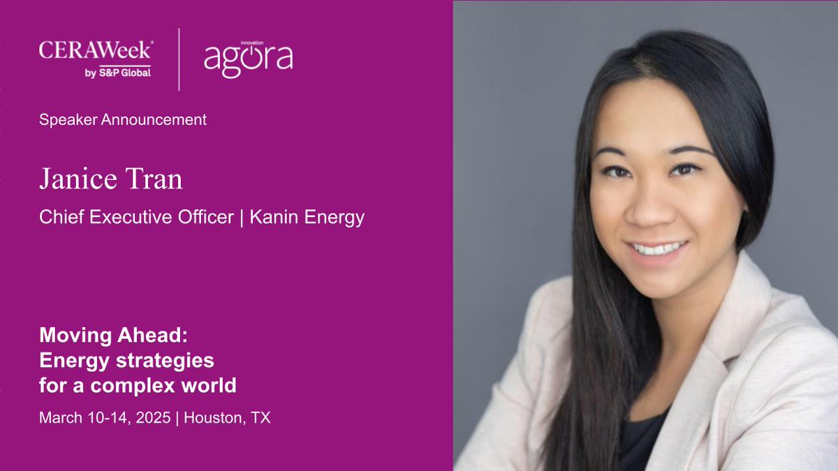 CERAWeek (@ceraweek) on Twitter photo We are pleased to share that Janice Tran, Chief Executive Officer, <a href="/KaninEnergy/">Kanin Energy</a> will be a #CWAgora speaker at #CERAWeek 2025. Stay updated on our latest speaker announcements at okt.to/7dn5Df.
Register today: okt.to/wNUmhY. We are pleased to share that Janice Tran, Chief Executive Officer, <a href="/KaninEnergy/">Kanin Energy</a> will be a #CWAgora speaker at #CERAWeek 2025. Stay updated on our latest speaker announcements at okt.to/7dn5Df.
Register today: okt.to/wNUmhY.