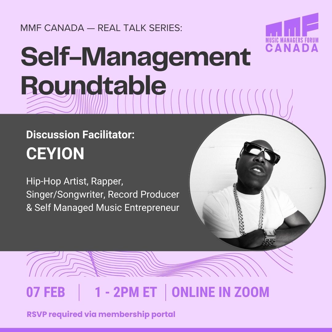 Meet your discussion facilitator for our Self-Management Roundtable next Friday, February 7! @iamceyion is a hip-hop artist, rapper, singer-songwriter, record producer and self-managed music entrepreneur. Registration is free for MMF Canada members: mmfcanada.ca/event-manager/…
⁠
