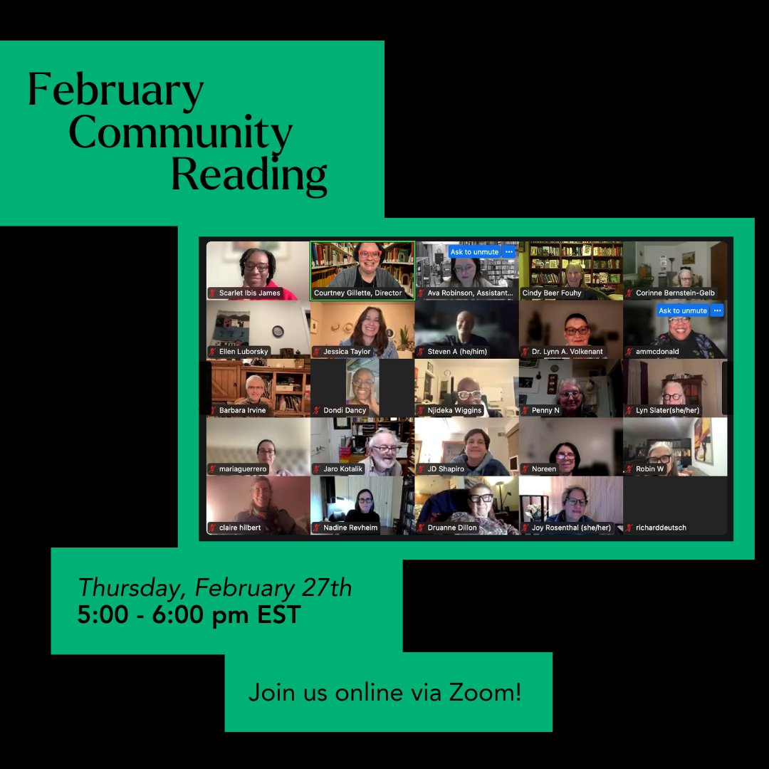 Join us for our next Community Reading, on February 27th via Zoom! We look forward to hearing from current and former students as they share their recent writing. And we'd love to hear from you, too! 

Interested in reading? Sign up now!
RSVP to attend via the link in bio