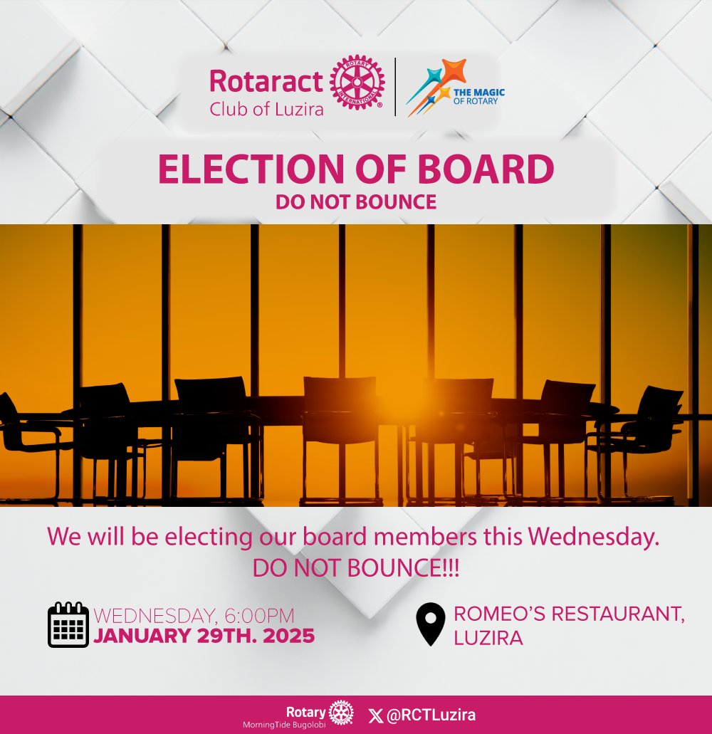 RCTLuzira's tweet photo. DON'T BOUNCE !!!
Attention all club members! Voting our New board members is now open. Make sure to cast your vote and have a say in your club's future.
All members are encouraged to participate!
#TheWardensMeet
#ServiceAboveSelf
#memberParticipation https://t.co/RxaD4YeSRn