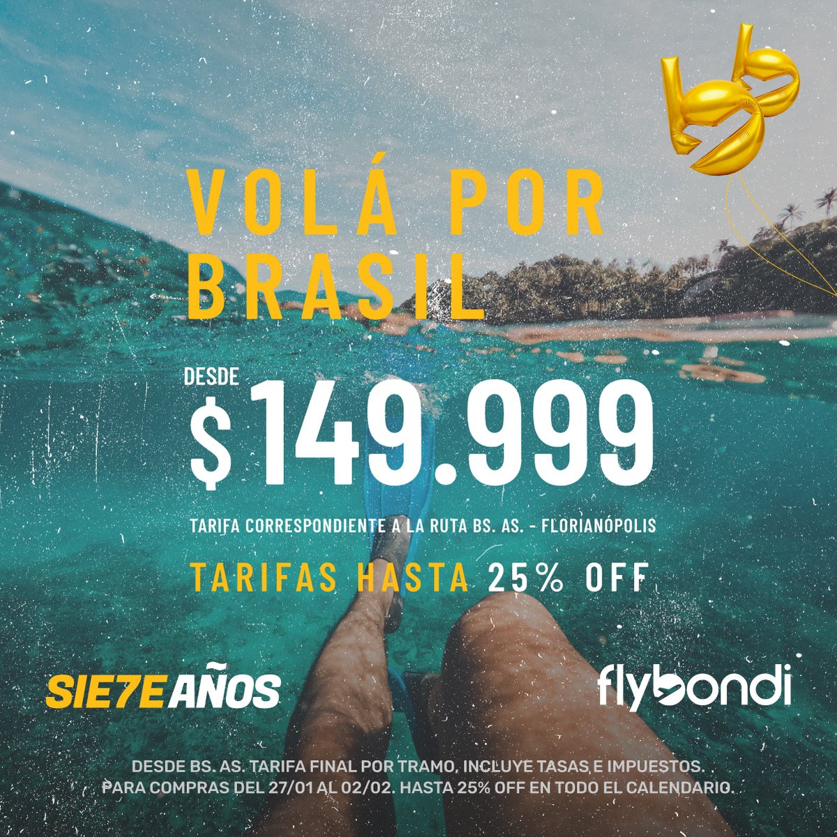 flybondioficial's tweet photo. Los años pasan volando y este descuento también🎉 ¡Volá con hasta 25% OFF!🎁

Mandale al click 👉https://t.co/RosVcsW8DF y festejemos juntos #LaLibertadDeVolar 💛

 #CumpleFly  #Cumple7 #Flybondi #Cumpleaños https://t.co/EZg3liDMC0