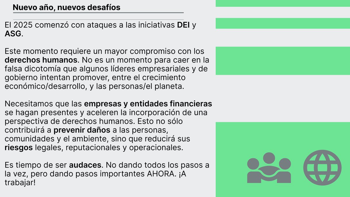 Comparto algunas reflexiones después de estas primeras semanas de 2025, en las que los ataques a iniciativas #DEI, #ASG y de regulación de la #debidadiligencia en #DerechosHumanos han estado a la orden del día. El trabajo en #empresasyDH es más importante que nunca. ¡A seguir!