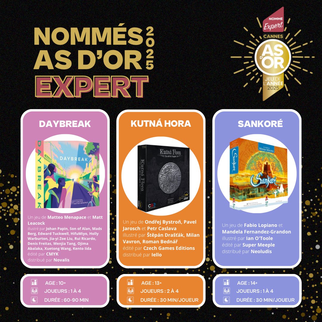 ‼️ Les nommés As d'Or - Jeu de l’année 2025, catégorie “Expert” sont : 

🎲 DAYBREAK : Luttez ensemble contre le réchauffement climatique !
🎲 KUTNÁ HORA : Plongez au coeur de la Bohème au moyen-âge !
🎲 SANKORÉ : Faites rayonner l'université la plus prestigieuse de Tombouctou...