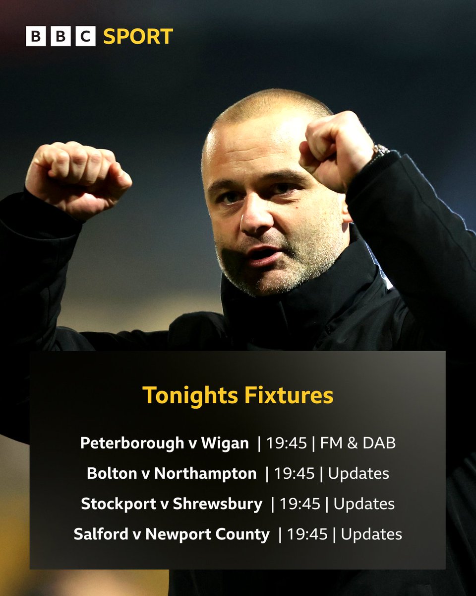 ⚽️ Plenty of football tonight on <a href="/BBCRadioManc/">BBC Manchester</a> 

🎙️Our commentary game comes live from Peterborough v Wigan with <a href="/markcrossley/">Mark Crossley</a> &amp; <a href="/NathanEllington/">Nathan 'Duke' Ellington</a>. 

Plus crucial games for Bolton, Stockport and Salford.

📻 bbc.in/manclistenlive

#bbcfootball #WAFC #BWFC #stockportcounty
