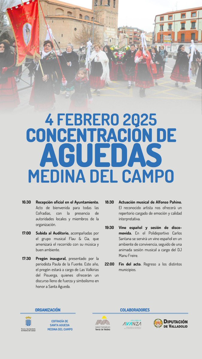 🎉 ¡Las Águedas 2025 llegan a Medina del Campo! 🎶🍷

📅 4 de febrero

Disfruta de un programa lleno de tradición, música y convivencia
👉¡No te lo pierdas! #Águedas2025 #MedinaDelCampo