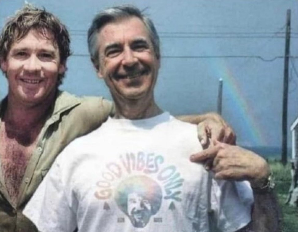 Mr. Rogers wearing a Bob Ross t-shirt while hanging with the  Crocodile Hunter and a bonus rainbow in the back! 😎